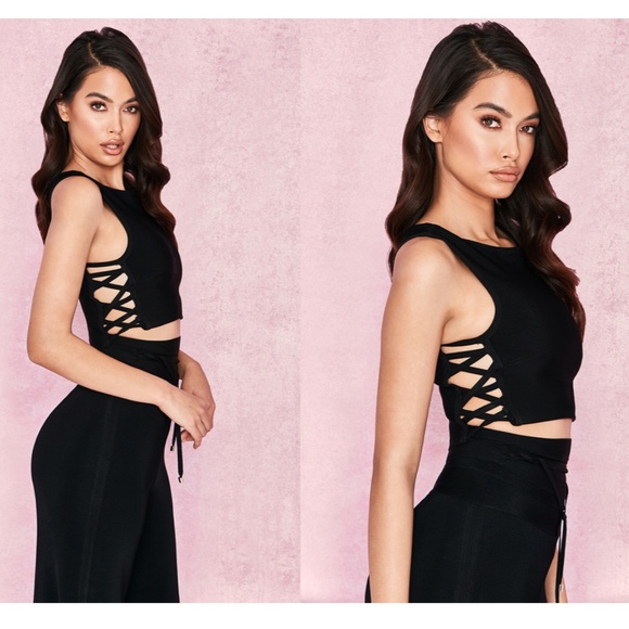 LIANDRA BLACK BANDAGE CROPPED TOP WITH CRISS CROSS - Picture 3 of 5